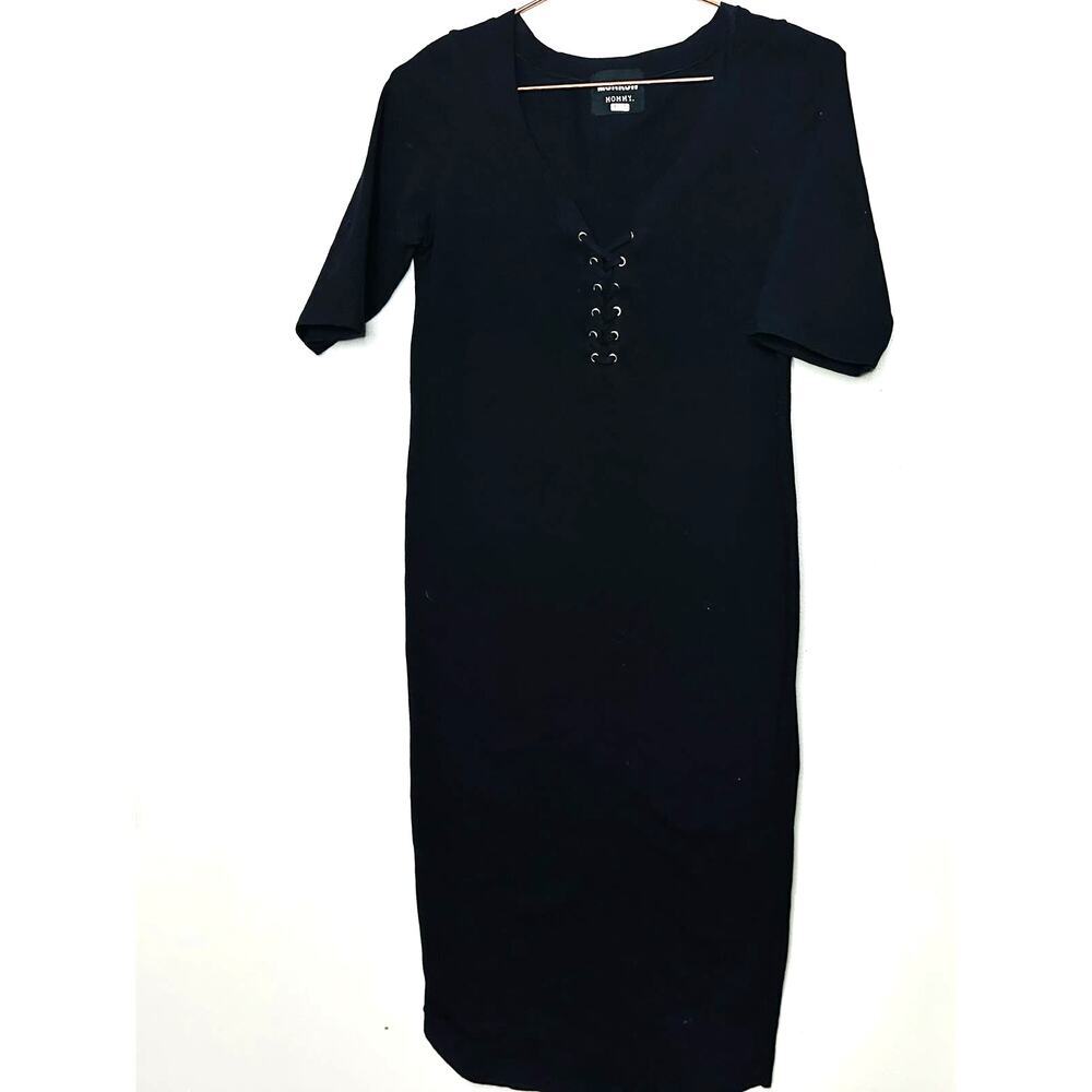 MONROW MOMMY Women's Black Lace Up Front T-Shirt Dress Size Maternity Medium